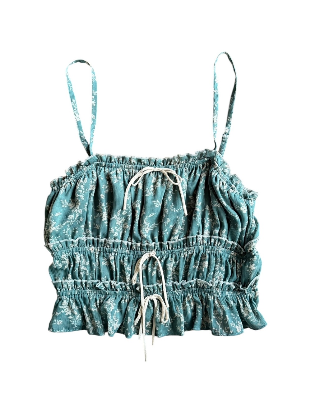 Teal Floral Coquette Ruffle Ribbon Cami Tank Top